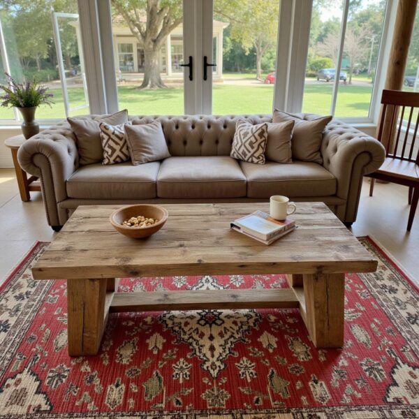 Reclaimed Wood Coffee Table: Rustic Modern Trapezoid Leg Design