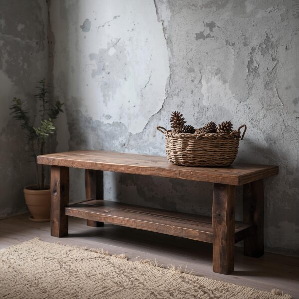 Reclaimed Wood Bench – Solid Straight Legs with Storage Shelf – Rustic Functional Design