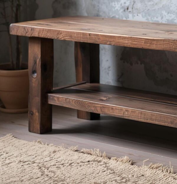 Reclaimed Wood Bench – Solid Straight Legs with Storage Shelf – Rustic Functional Design