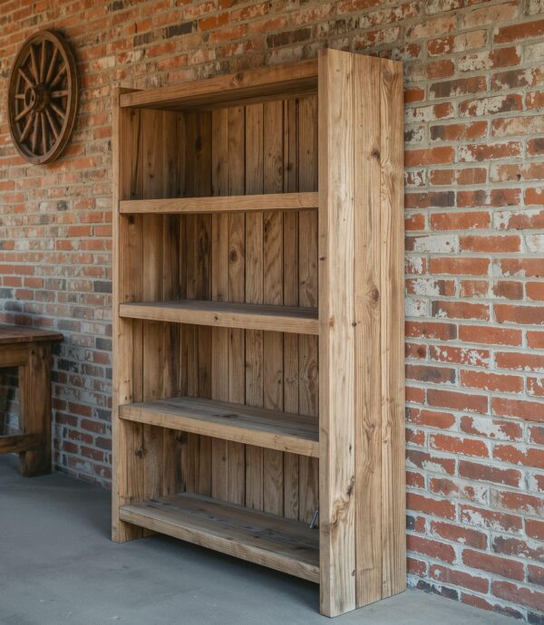 Reclaimed Wood Bookshelf – Rustic Farmhouse Bookcase with Symmetrical Shelves & Closed Back