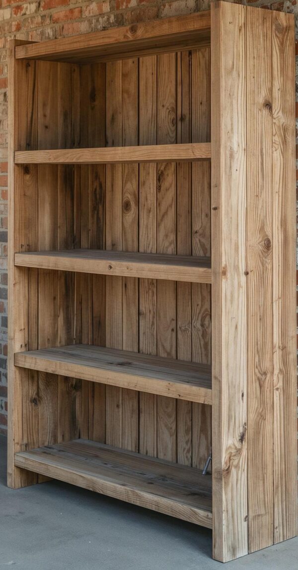 Reclaimed Wood Bookshelf – Rustic Farmhouse Bookcase with Symmetrical Shelves & Closed Back