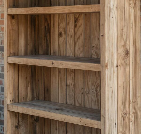 Reclaimed Wood Bookshelf – Rustic Farmhouse Bookcase with Symmetrical Shelves & Closed Back