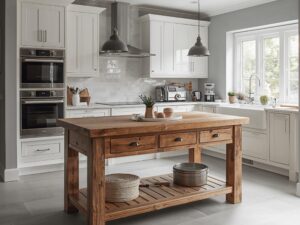 Reclaimed Wood Kitchen Island – Farmhouse Kitchen Cart with 3 Drawers – 2-Tier Storage Prep Table