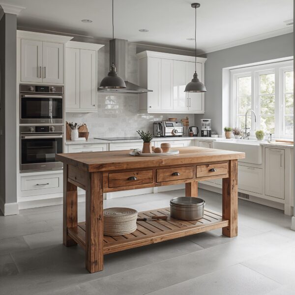 il_fullxfull.7328184493_f66r.jpg Reclaimed Wood Kitchen Island – Farmhouse Kitchen Cart with 3 Drawers – 2-Tier Storage Prep Table