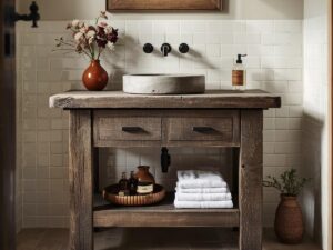 Rustic Reclaimed Wood Bathroom Vanity Table with Drawers & Shelf – Weathered Farmhouse Sink Stand